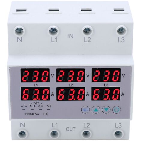 Ej.Life Voltmètre à rail DIN triphasé ampèremètre protecteur de surintensité de surtension automatique AC 390-500V 63A