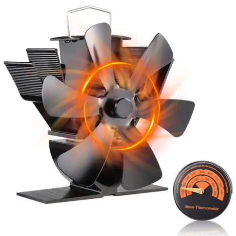 Ej.Life – Ventilateur de poêle à bois 6 pales – Circulation d'air chaud silencieuse – Thermomètre intégré – Acier pour efficacité thermique