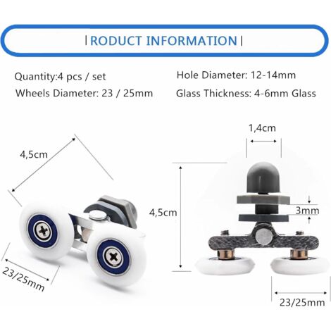 Roulette pour Porte de Douche Coulissante – 23mm, Rouleau de Roulement Silencieux, Compatible avec la Majorité des Portes – Kit de Réparation et Remplacement pour Salle de Bains