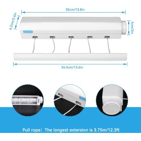 Ej.Life Etendoir Mural Extensible, sechoir Linge Mural avec 5 Fils de 3,75 mètres, etendoir a Linge pour intérieur et extérieur