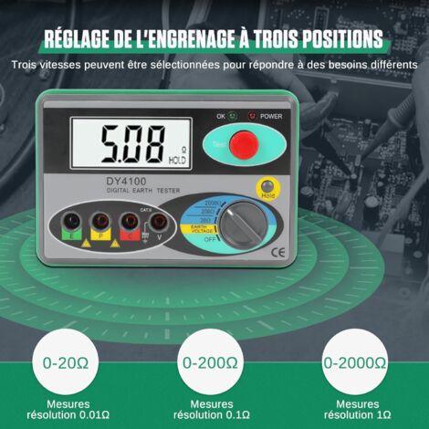 Ej.Life Mégohmmètre 0-2000 ohm réel testeur numérique de Terre DY4100 testeur de résistance au Sol
