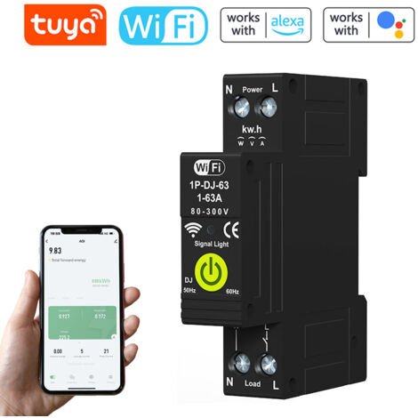 Rosvola – Interrupteur connecté 63A – Contrôle à distance via application Tuya/Smart Life – Compatible Alexa et Google Assistant – Protection contre surtensions et fuites