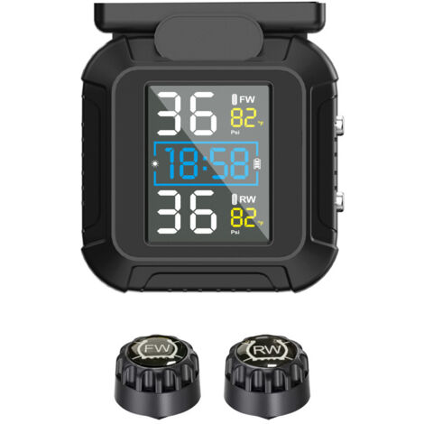 Motorcycle TPMS Système de Surveillance de la Pression des pneus sans Fil pour Moto chargeable par et USB Moto TPMS avec 2 capteurs externes Affichage LCD numérique TPMS pour Moto à Deux Roues