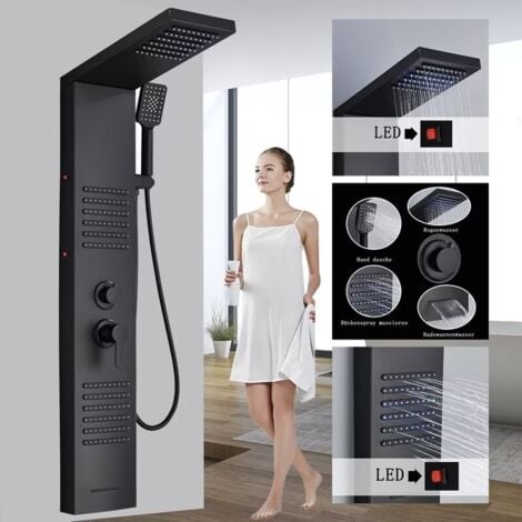 Colonne de Douche Noir, Panneau de Douche Acier Inox Multifonction avec Écran LCD, Colonne de Douche Hydromassante avec Mitigeur et Buses Massants