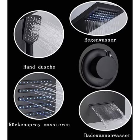Colonne de Douche Noir, Panneau de Douche Acier Inox Multifonction avec Écran LCD, Colonne de Douche Hydromassante avec Mitigeur et Buses Massants