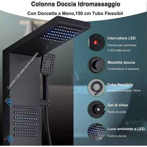 Colonne de Douche Noir, Panneau de Douche Acier Inox Multifonction avec Écran LCD, Colonne de Douche Hydromassante avec Mitigeur et Buses Massants