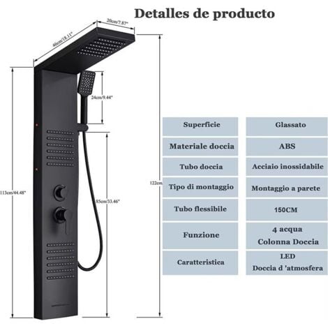 Colonne de Douche Noir, Panneau de Douche Acier Inox Multifonction avec Écran LCD, Colonne de Douche Hydromassante avec Mitigeur et Buses Massants