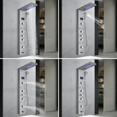 Colonne de Douche Hydromassante pour baignoire 6 en 1 avec LED Colonne Douche Hydromassage Brossée Acier Inoxydable Système de Panneau de Douche mural