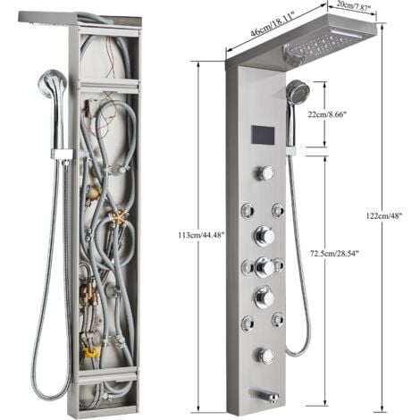 Colonne de Douche Hydromassante pour baignoire 6 en 1 avec LED Colonne Douche Hydromassage Brossée Acier Inoxydable Système de Panneau de Douche mural