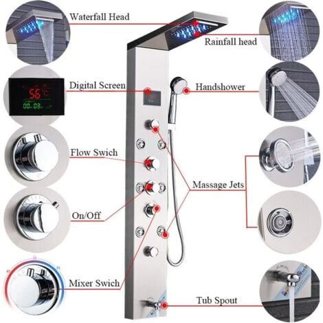 Colonne de Douche Hydromassante pour baignoire 6 en 1 avec LED Colonne Douche Hydromassage Brossée Acier Inoxydable Système de Panneau de Douche mural