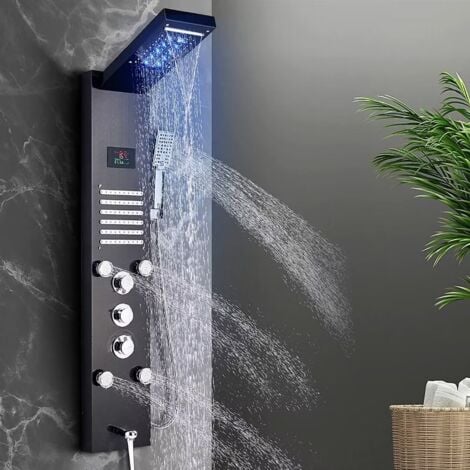 Douche Pluie Plusieurs Sorties D'Eau Ensemble De Douche Noir avec Éclairage LED, Colonne de Douche Hydromassante avec Mitigeur et Buses Massants, Acier Inox 304 Noir