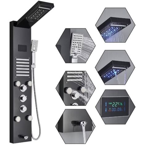 Douche Pluie Plusieurs Sorties D'Eau Ensemble De Douche Noir avec Éclairage LED, Colonne de Douche Hydromassante avec Mitigeur et Buses Massants, Acier Inox 304 Noir