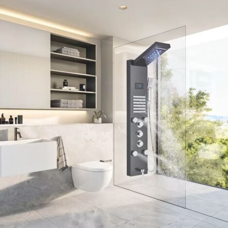 Douche Pluie Plusieurs Sorties D'Eau Ensemble De Douche Noir avec Éclairage LED, Colonne de Douche Hydromassante avec Mitigeur et Buses Massants, Acier Inox 304 Noir