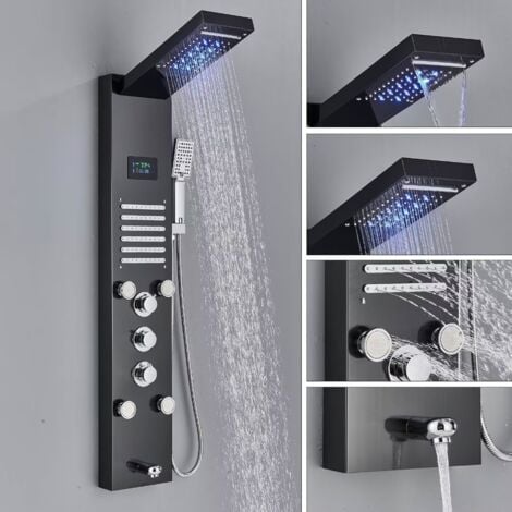Douche Pluie Plusieurs Sorties D'Eau Ensemble De Douche Noir avec Éclairage LED, Colonne de Douche Hydromassante avec Mitigeur et Buses Massants, Acier Inox 304 Noir