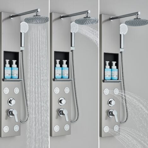 Onyzpily Colonne de douche hydromassante multifonction en acier inoxydable avec pomme de douche fixe, massage, étagère (nickel brossé)