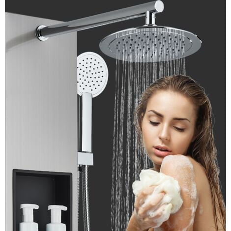 Onyzpily Colonne de douche hydromassante multifonction en acier inoxydable avec pomme de douche fixe, massage, étagère (nickel brossé)