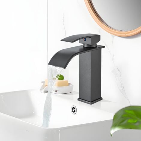 Robinet Salle de Bain Cascade Mitigeur de Lavabo Robinet de Lavabo Monotrou à Deux Voies Design Moderne Noir