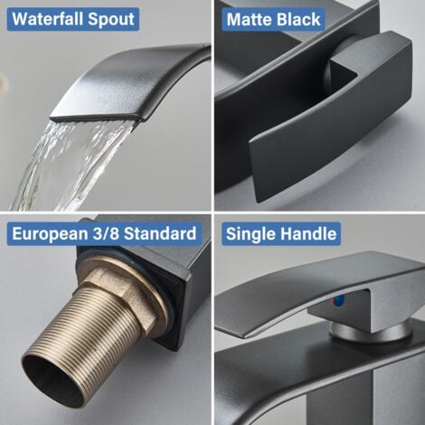 Robinet Salle de Bain Cascade Mitigeur de Lavabo Robinet de Lavabo Monotrou à Deux Voies Design Moderne Noir