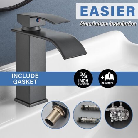 Robinet Salle de Bain Cascade Mitigeur de Lavabo Robinet de Lavabo Monotrou à Deux Voies Design Moderne Noir