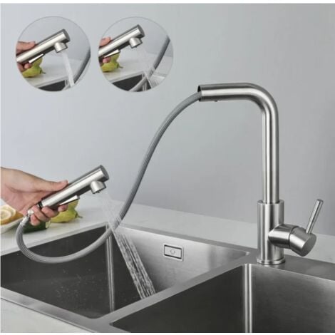 Robinet Cuisine Douchette  Brossée avec 2 Modes de Pulvérisation, avec Douchette Extractible Robinetterie Evier Rotatif à 360°