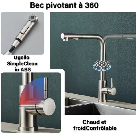 Robinet Cuisine Douchette  Brossée avec 2 Modes de Pulvérisation, avec Douchette Extractible Robinetterie Evier Rotatif à 360°