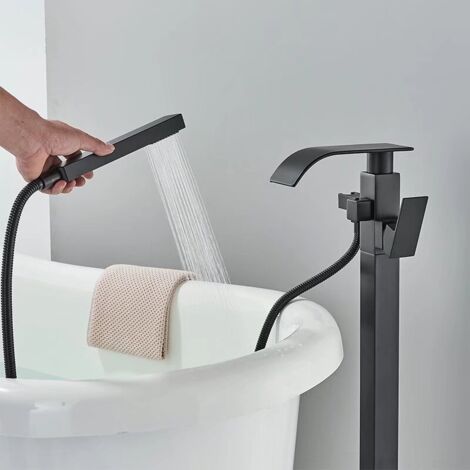 Robinet de Baignoire avec Douchette, Pivotant À 360° Bec, 2 Modes de Poignée, Autoportante Mitigeur Robinet Baignoire Ilot pour Salle de Bain, Style Moderne Noir
