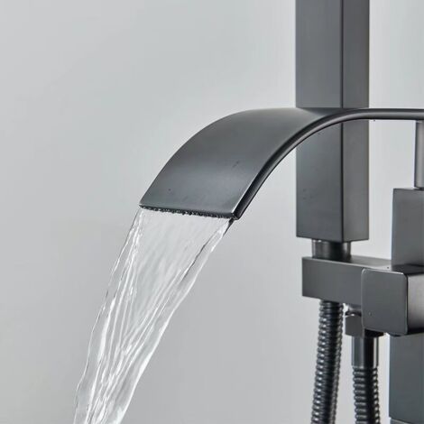 Robinet de Baignoire avec Douchette, Pivotant À 360° Bec, 2 Modes de Poignée, Autoportante Mitigeur Robinet Baignoire Ilot pour Salle de Bain, Style Moderne Noir