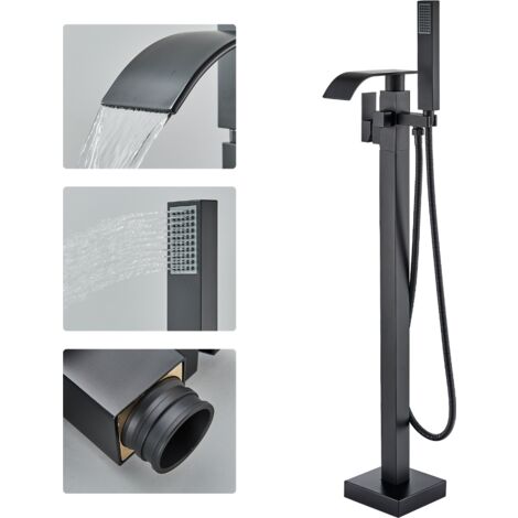 Robinet de Baignoire avec Douchette, Pivotant À 360° Bec, 2 Modes de Poignée, Autoportante Mitigeur Robinet Baignoire Ilot pour Salle de Bain, Style Moderne Noir