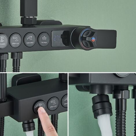 Colonne de Douche Thermostatique Noir avec Mitigeur 40°C,Ensemble de Douche avec 4 Fonctions Hauteur RéGlable,Système de Douche à tête Carréeavec Douchette à Main pour Salle de Bain