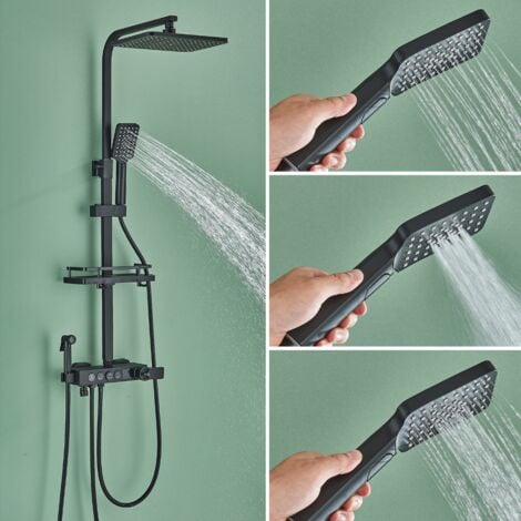 Colonne de Douche Thermostatique Noir avec Mitigeur 40°C,Ensemble de Douche avec 4 Fonctions Hauteur RéGlable,Système de Douche à tête Carréeavec Douchette à Main pour Salle de Bain