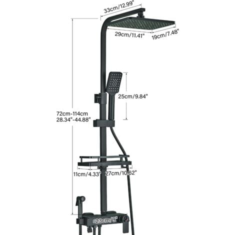 Colonne de Douche Thermostatique Noir avec Mitigeur 40°C,Ensemble de Douche avec 4 Fonctions Hauteur RéGlable,Système de Douche à tête Carréeavec Douchette à Main pour Salle de Bain