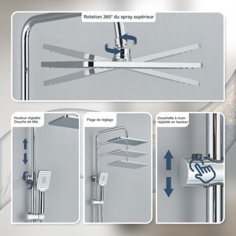 Colonne de Douche Complet sans Robinetterie pour Salle de Bain Système Pluie Chromé Réglable en Hauteur Ensemble de Douche Baignoire