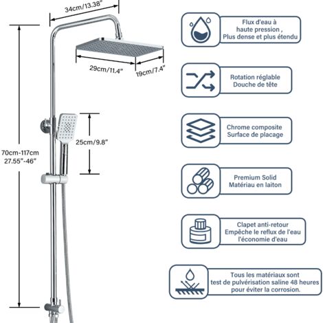 Colonne de Douche Complet sans Robinetterie pour Salle de Bain Système Pluie Chromé Réglable en Hauteur Ensemble de Douche Baignoire