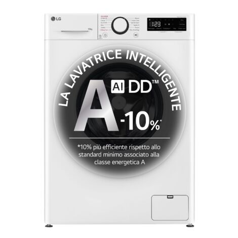 LG F4R3010NSWW Lavatrice 10kg AI DD, Classe A-10%, 1400 giri, Lavaggio a vapore. Tipo di carica: Caricamento frontale. Capacità cestello: 10 kg, Classe di efficienza della centrifuga: A, Silenziosi...