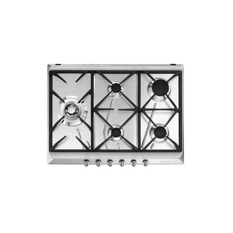 Smeg SRV575GH5. Colore del prodotto: Acciaio inox, Posizionamento dell'apparecchio: Da incasso, Dimensione della larghezza del piano cottura: 70 cm. Bruciatore piccolo: 1100 W, Bruciatore medio: 17...