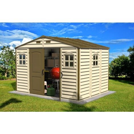 Duramax - caseta jardín - WOODSIDE 10x8 - Resina PVC - color marfil y marrón