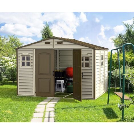 Duramax - caseta jardín - WOODSIDE 10x8 - Resina PVC - color marfil y marrón