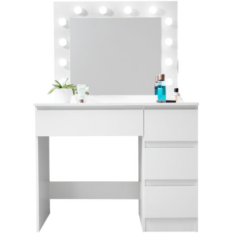 Aga Schminktisch mit 12 LED Glühbirnen,Kosmetiktisch,Schmiktisch mit 4 Schubladen Weiß matt