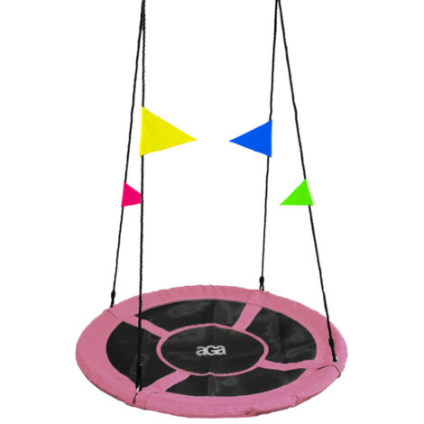 Aga Nestschaukel 110 cm, Schaukel verstellbar Garten-Schaukel 150 Kg belastbar, Rundschaukel für Kinder und Erwachsene Tellerschaukel Hängeschaukel, Rosa mit Fahnen