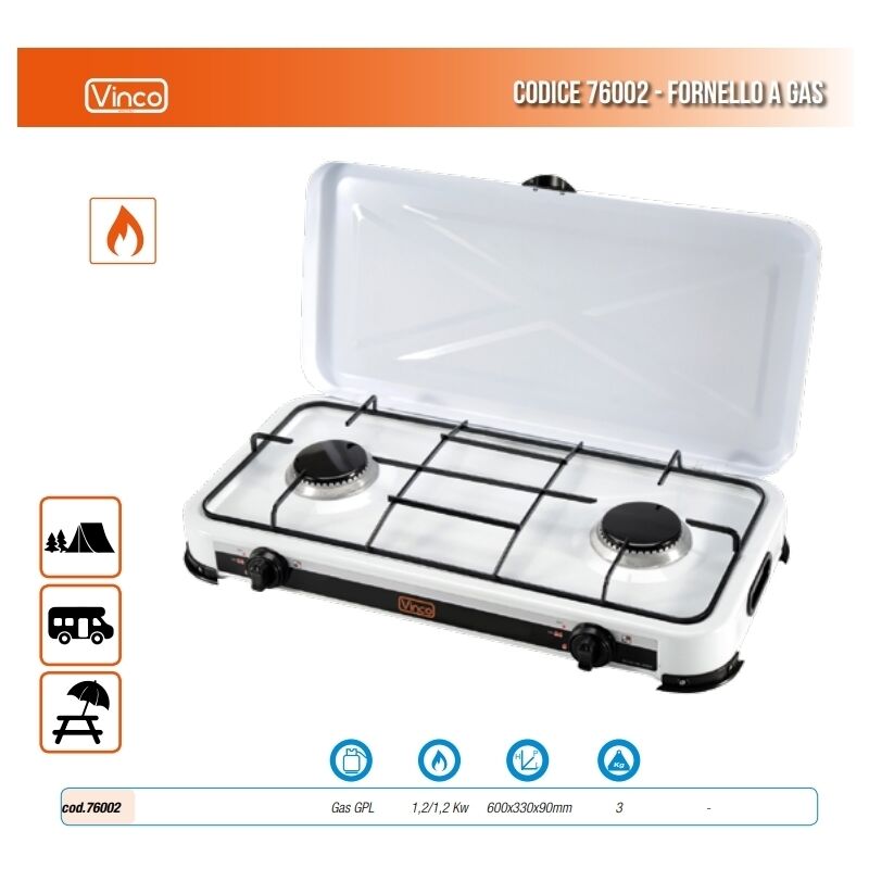 Fornello A Gas VINCO GPL 2 Fuochi 1.2 Kw - Portatile Per Campeggio E Camper