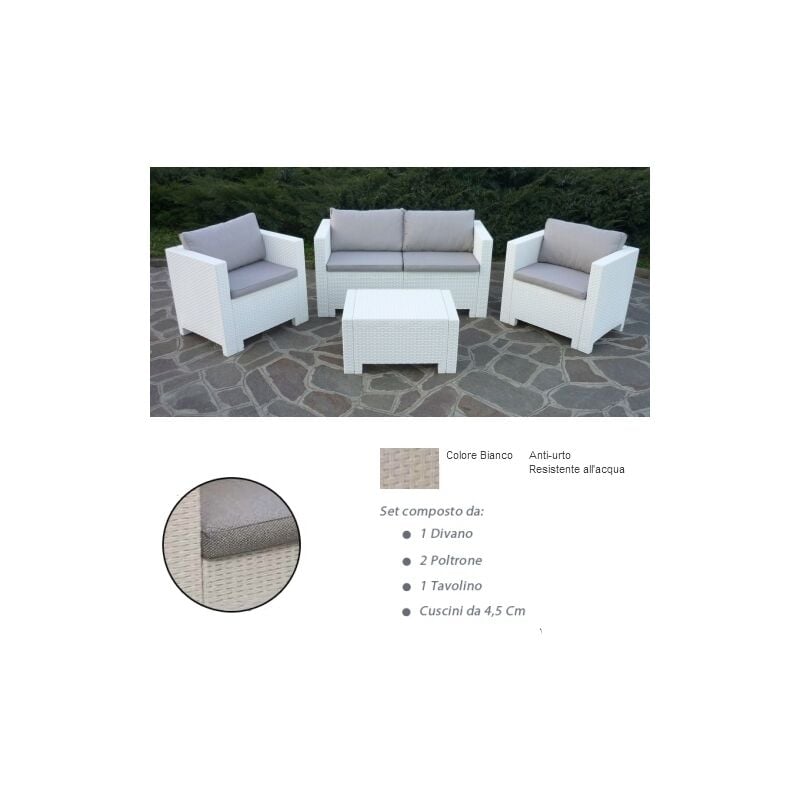 Divano con Poltrone e Tavolino/Salotto/Salottino in Polyrattan per Esterno/Arredo Giardino - Mod. Dubai bianco