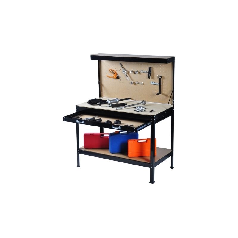Banco Da Lavoro In Metallo E MDF Con 3 Ripiani E 13 Accessori - 80,5x41x155 Cm, Per Garage, Officina E Magazzino