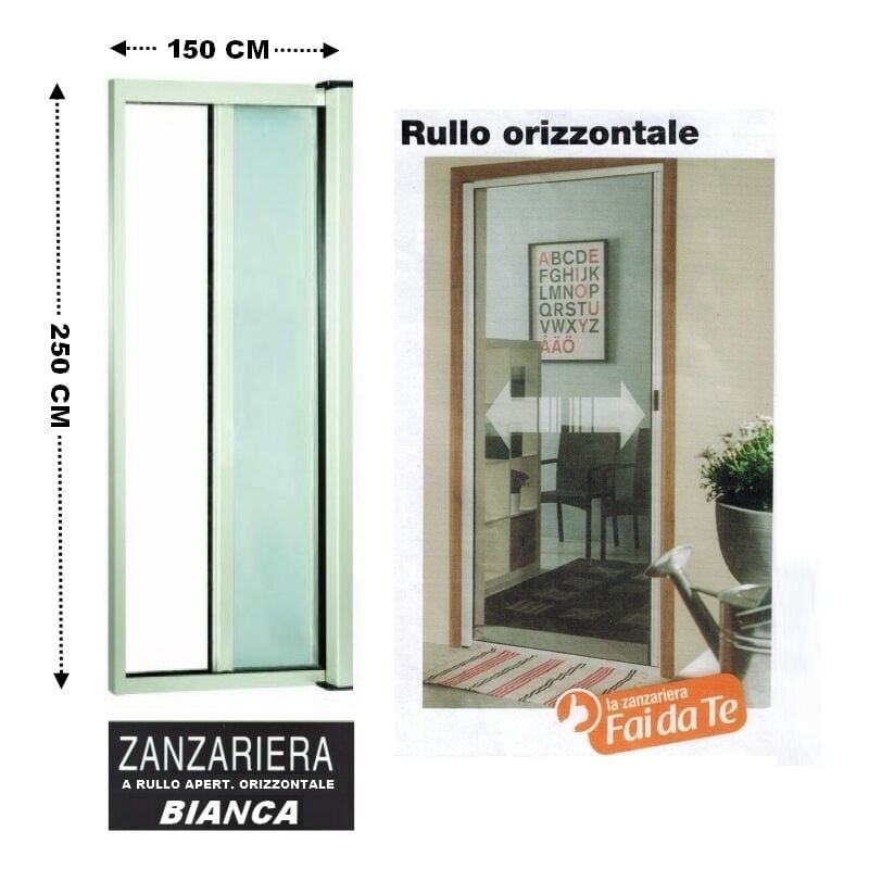 Zanzariera a rullo in alluminio per porte/balconi con profilo riducibile/regolabile avvolgimento orizzontale 150x250cm Bianca