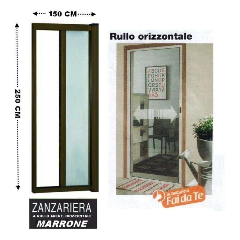 Zanzariera a rullo in alluminio per porte/balconi con profilo riducibile/regolabile avvolgimento orizzontale 150x250cm Marrone