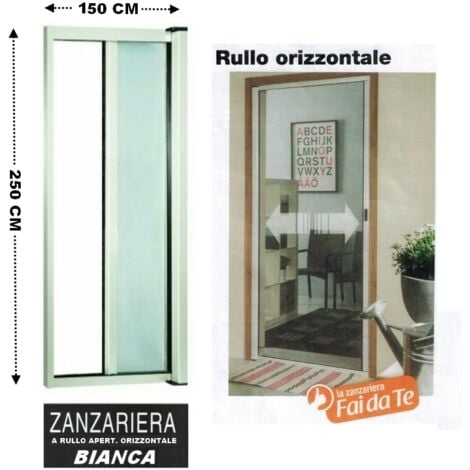 Zanzariera a rullo in alluminio per porte/balconi con profilo riducibile/regolabile avvolgimento orizzontale 150x250cm Bianca