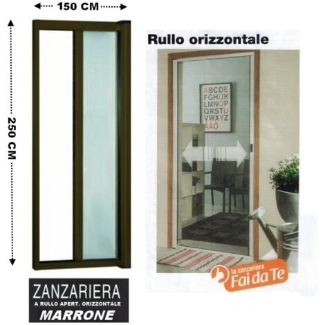 Zanzariera a rullo in alluminio per porte/balconi con profilo riducibile/regolabile avvolgimento orizzontale 150x250cm Marrone