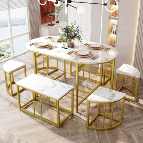 Set Tavolo Da Pranzo Moderno Con 6 Sgabelli | Bianco E Oro, Struttura Acciaio | 140x70x76 Cm, Portata 120 Kg