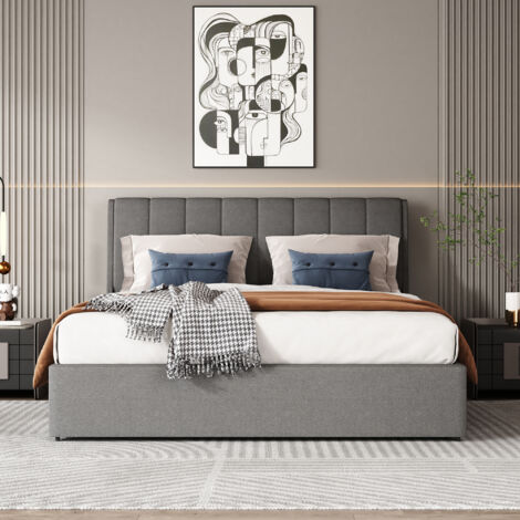 Letto Imbottito 140 X 200 Cm Con Testiera - USB E LED - Tessuto Di Lino Grigio Materasso