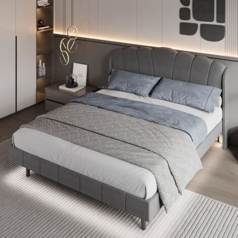 Ctastay Letto Imbottito Matrimoniale Contenitore 180x200 con Ricarica USB e Type C Testata, Struttura Letto Contenitore in Lino, Letto con Rete a Doghe, Grigio(Senza Materasso