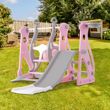 Scivolo per bambini con altalena, scivolo per bambini 4 in 1, bianco e rosa